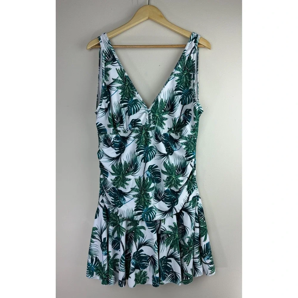 COCOPEAR Women's Tropical Palm Leaf Swim Dress Green White One Piece Size 3XL